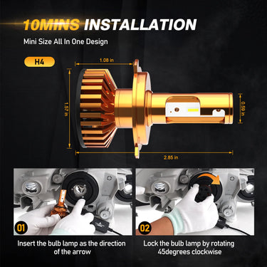 Auxbeam H4/9003 LED Headlight Bulbs 52W 10000LM F2 Series Mini Size 6500K Cool White (2 Bulbs)