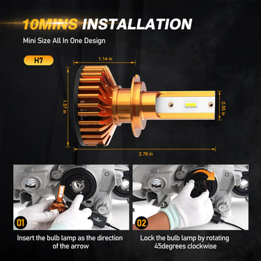 Auxbeam H7 LED Headlight Bulbs 52W 10000LM F2 Series Mini Size 6500K Cool White (2 Bulbs)