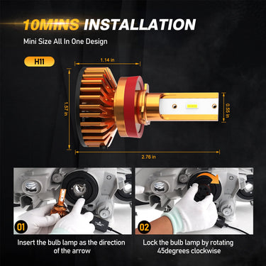 Auxbeam H11 LED Headlight Bulbs 52W 10000LM F2 Series Mini Size 6500K Cool White (2 Bulbs)