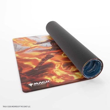Chandra Reality Fracture playmat partly rolled up, showing the black rubber back