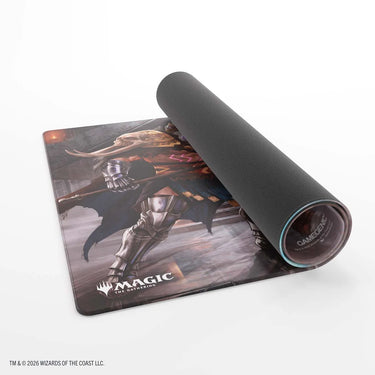 Garruk Reality Fracture playmat partly rolled up, showing the black rubber back