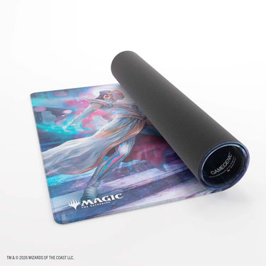 Liliana Reality Fracture playmat partly rolled up, showing the black rubber back
