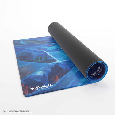 Overwrite the Multiverse Reality Fracture playmat partly rolled up, showing the black rubber back