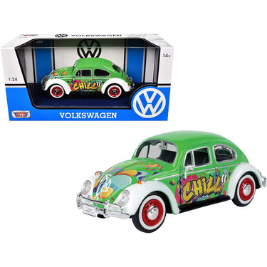 1966 Volkswagen Beetle Green with Graffiti Graphics 1/24 Diecast Model Car