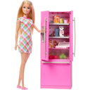 Barbie doll in a plaid dress next to the open hot-pink refrigerator stocked with food