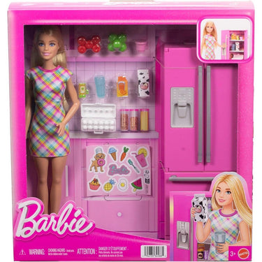 Barbie doll and kitchen refrigerator playset in its pink retail box