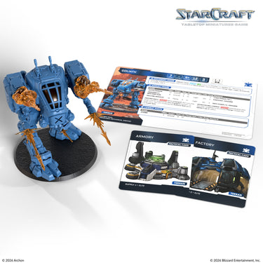 Goliath miniature on its 80 mm base with the unit and tactical cards