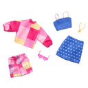 Barbie fashion 2-pack pieces: pink patchwork sweatshirt and shorts, blue crop top, blue heart skirt, heart sunglasses and necklace