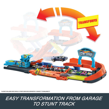 Hot Wheels stunt garage shown transforming from garage mode into a flat stunt track