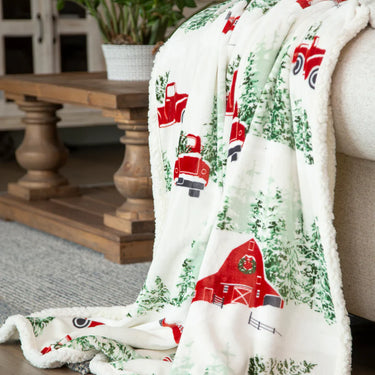 Carstens Christmas Barn and Truck Plush Sherpa Throw