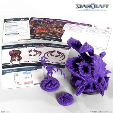 Purple Kerrigan and Omega Worm miniatures with the expansion's cards