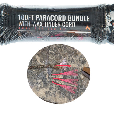 100' x 5/32" Paracord 7 Strand with Wax Tinder Cord (Black), Pull Strength 550 LBS
