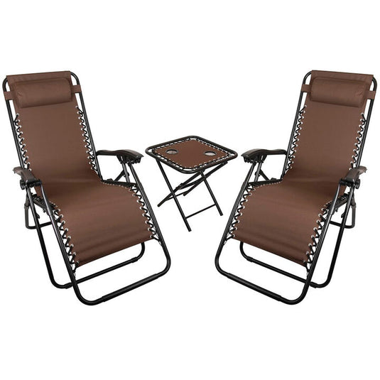 WORLD FAMOUS SPORTS TWO ZERO GRAVITY CHAIRS & FOLDING TABLE SET-BROWN