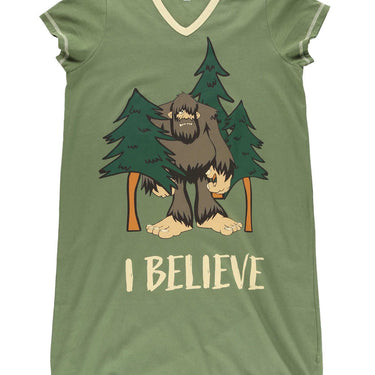 Lazy One I Believe Bigfoot Women's V-Neck Nightshirt (Loden Green) Size S/M