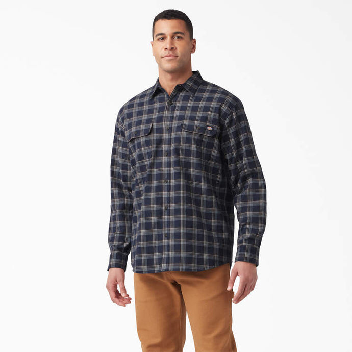 Dickies FLEX Long Sleeve Flannel Shirt Size Medium Ink Navy/Chocolate Brown Plaid
