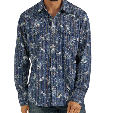 Wrangler Men's Retro Premium Western Snap Print Shirt (Indigo Paisley) Size L