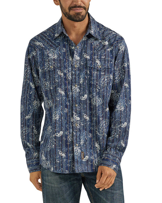 Wrangler Mens 2XT Retro Premium Western Snap Print Shirt - Indigo Paisley