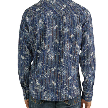Wrangler Men's Retro Premium Western Snap Print Shirt (Indigo Paisley) Size L