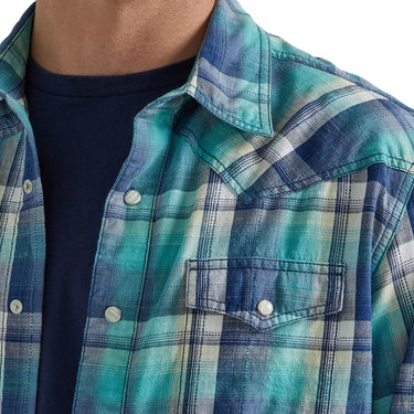 Wrangler Men's Plaid Print Long Sleeve Snap Western Shirt (Blue) Size XL