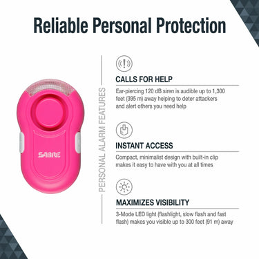 SABRE 2 In 1 Clip-On Personal Alarm w/ LED Safety Light - Pink