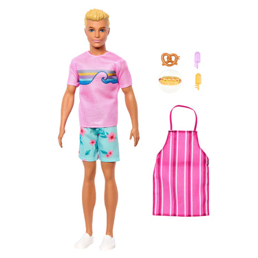 Ken doll shown with his striped apron and snack accessories: pretzel, hotdog and two frozen treats