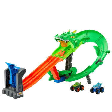Hot Wheels Monster Trucks Dragon Destruction playset with green dragon loop track, launcher and two monster trucks