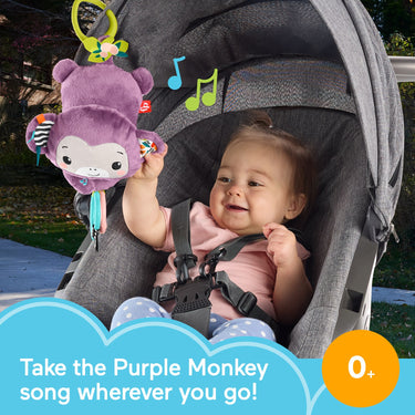 Baby in a stroller reaching for the Purple Monkey toy clipped to the canopy