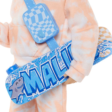 Close-up of Ken doll's blue checkered belt bag and blue Malibu skateboard