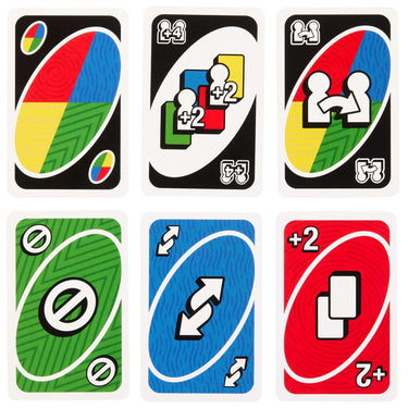 Six UNO Teams action cards including wild, skip, reverse and draw two cards