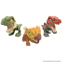 Three Jurassic World Mighty Little Biters dinosaur figures in green, orange and red with mouths open