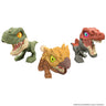 Three Jurassic World Mighty Little Biters dinosaur figures in green, orange and red with mouths open