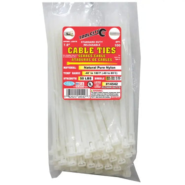 Tool City Natural 7.9" 50 lb. Tensile Releasable Standard Duty Cable Ties, 100 Piece White