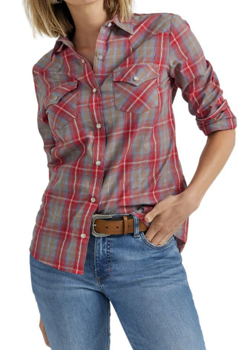 Load image into Gallery viewer, Wrangler Womens XXL Essential Long Sleeve Snap Plaid Shirt - Red
