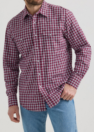 Wrangler Mens 2XT Wrinkle Resist Dark Red Plaid Shirt