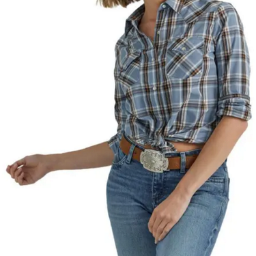 Wrangler Women's Essential Long Sleeve Snap Plaid Shirt (Blue) Size S