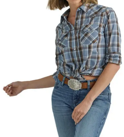 Load image into Gallery viewer, Wrangler Womens M Essential Long Sleeve Snap Plaid Shirt - Blue
