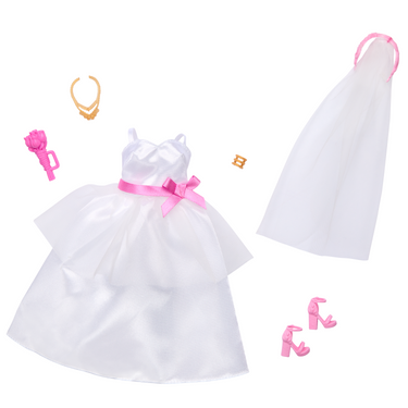 Barbie bridal fashion pack: white wedding gown with pink sash, veil, necklace, bouquet and pink shoes