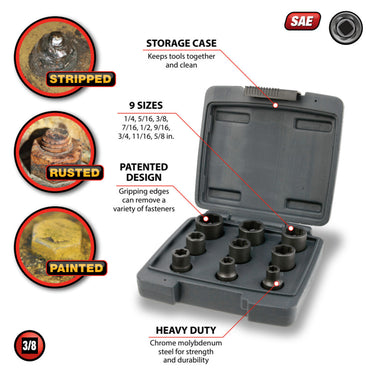 Performance Tool 9 pc. 3/8" Dr. SAE Bolt Extractor Set