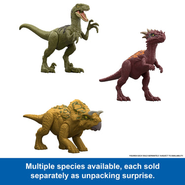 Three full color Dino Reveal figures: a green raptor, a red spiked dinosaur and a yellow horned dinosaur