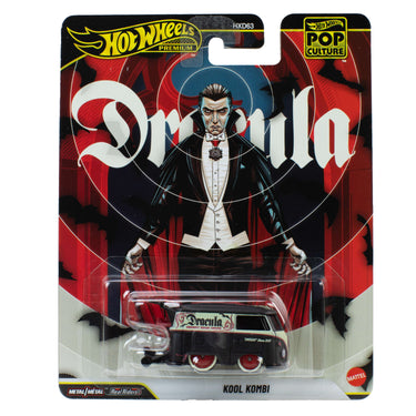 Hot Wheels Premium Pop Culture Dracula Kool Kombi van in its Dracula-themed blister package