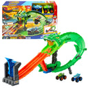 Hot Wheels Monster Trucks Sharks vs Dinos Dragon Destruction Playset with its box and two monster trucks