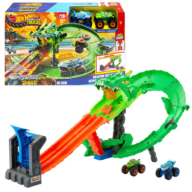 Hot Wheels Monster Trucks Sharks vs Dinos Dragon Destruction Playset with its box and two monster trucks