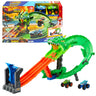 Hot Wheels Monster Trucks Sharks vs Dinos Dragon Destruction Playset with its box and two monster trucks