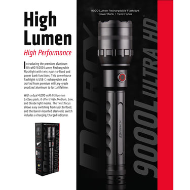 Dorcy 9,000 Lumen Ultra HD USB-C Rechargeable Flashlight with Powerbank