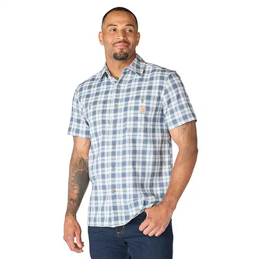 Carhartt Men's Bozeman Relaxed Short Sleeve Plaid Shirt (Iron Blue) Size M