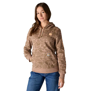 Carhartt Women's Relaxed Fit Midweight Logo Sleeve Graphic Printed Sweatshirt (Soft Sepia Vintage Camo) Size L
