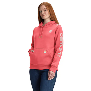 Carhartt Women's Relaxed Fit Midweight Logo Sleeve Graphic Hoodie (Pink Salmon Heather) Size S