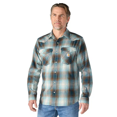 Carhartt Montana Rugged Flex™ Relaxed Fit Lightweight Snap-Front Plaid Shirt (Dark Harbor Teal) Size LT