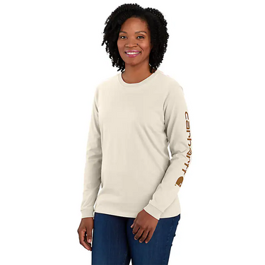 Carhartt Women's Loose Fit Heavyweight Long-Sleeve Logo Sleeve Graphic T-Shirt (Malt/Carhartt Brown) Size 3XL
