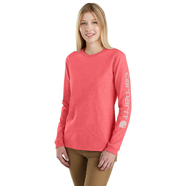 Carhartt Women's Loose Fit Heavyweight Long-Sleeve Logo Sleeve Graphic T-Shirt (Pink Salmon Heather) Size S